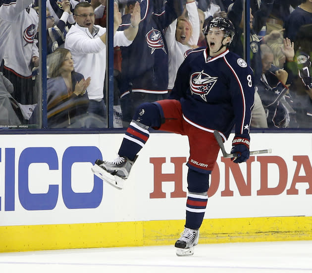 Columbus Blue Jackets’ Zach Werenski celebrates his goal against the Pittsburgh Penguins during the first period in Game 3 of a first-round NHL hockey playoff series Sunday, April 16, 2017, in Columbus, Ohio. (AP Photo/Jay LaPrete)