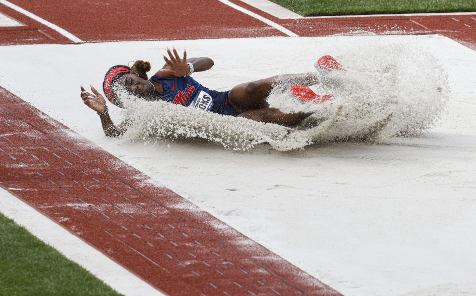 Mississippi's Kieshonna Brooks competes in the women's long jump finals during the NCAA Division I Outdoor Track and Field Championships, Thursday, June 10, 2021, at Hayward Field in Eugene, Ore. (AP Photo/Thomas Boyd)