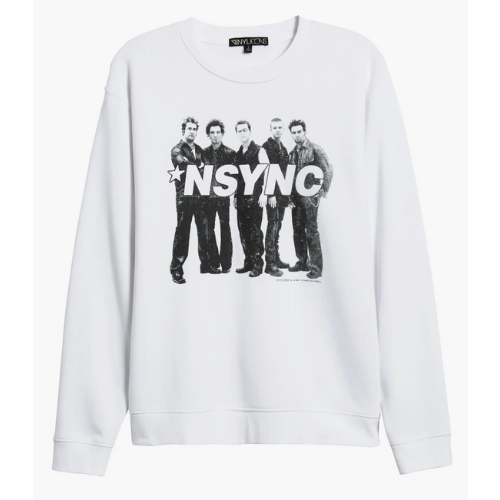 white sweatshirt with black and white nsync graphic