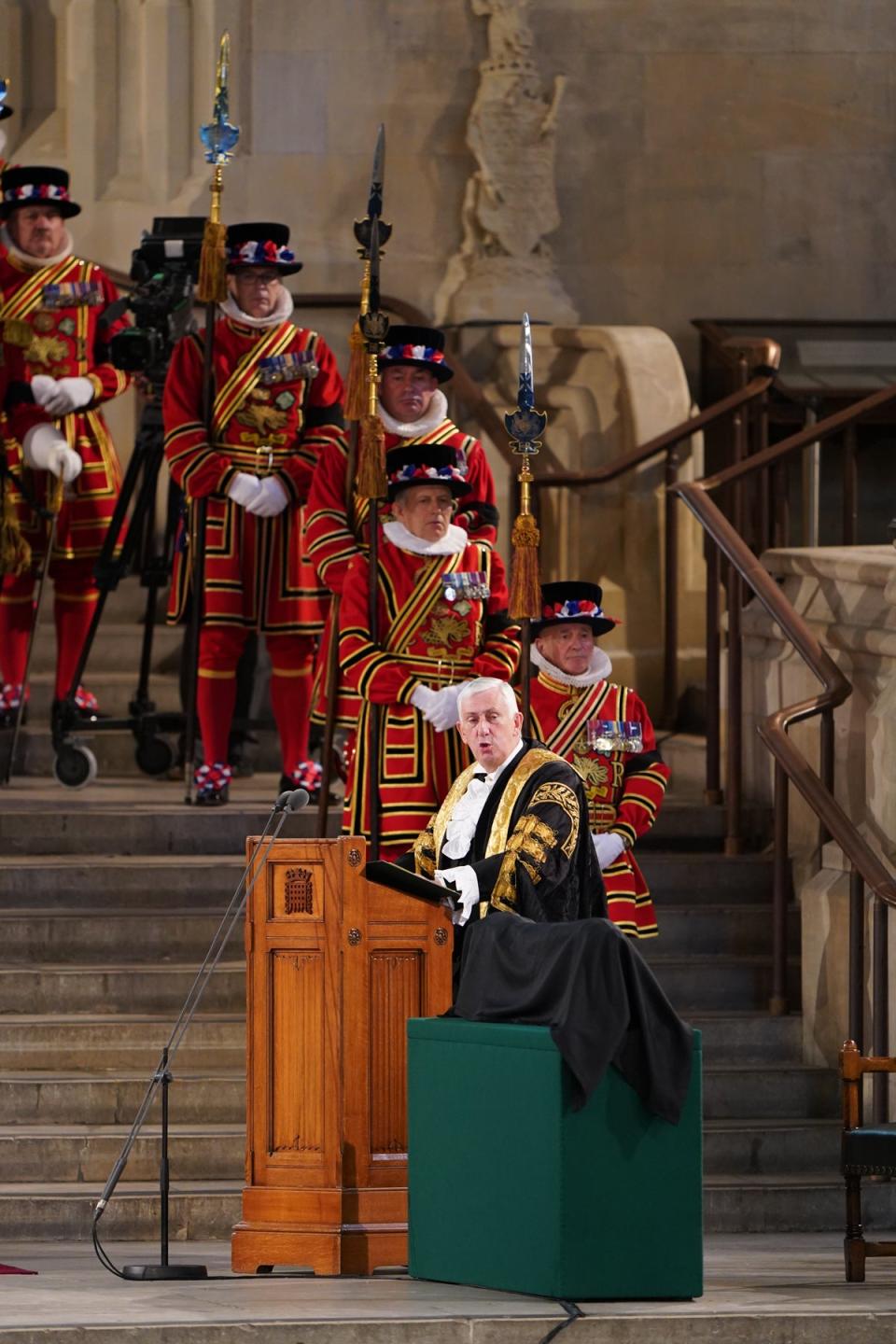 Speaker of the House of Commons Sir Lindsay Hoyle expresses condolences on behalf of members of the House of Commons to King Charles III and the Queen Consort at Westminster Hall, London (Joe Giddens/PA) (PA Wire)