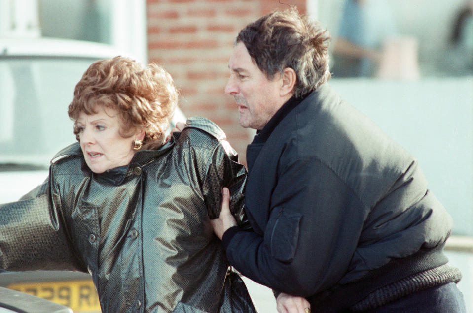 The cast of 'Coronation Street' filming scenes for death of Alan Bradley storyline in Blackpool. Barbara Knox and Mark Eden as Rita Fairclough and Alan Bradley. 30th October 1989. (Photo by Andrew Stenning/Mirrorpix/Getty Images)