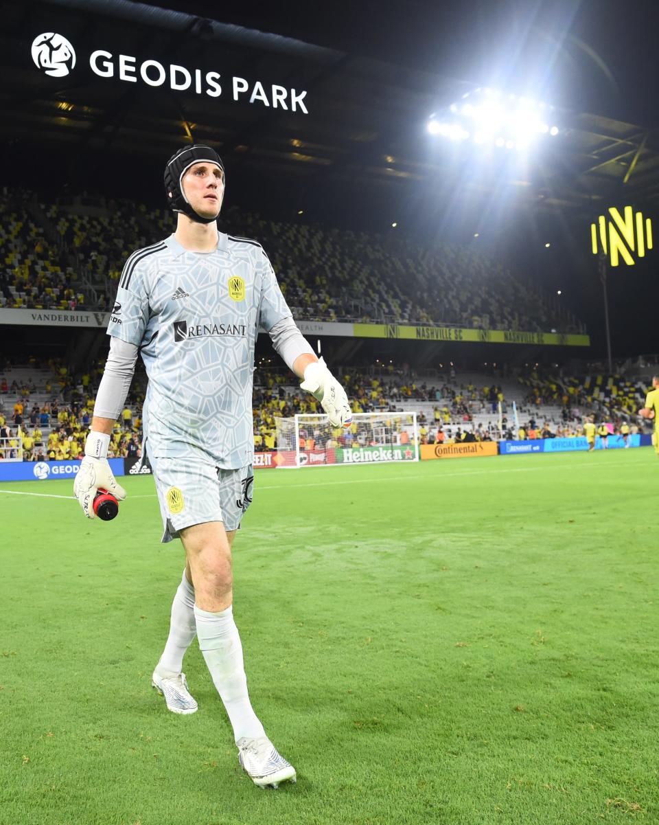 Jul 3, 2022; Nashville, Tennessee, USA; Nashville SC goalkeeper Elliot Panicco (30) leaves the field after a draw against the Portland Timbers at Geodis Park.