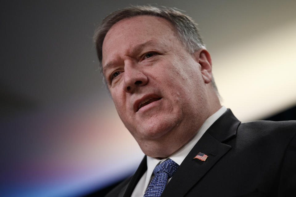 Secretary of State Mike Pompeo speaks during a news conference at the State Department in Washington, Thursday, March, 5, 2020. (AP Photo/Carolyn Kaster)