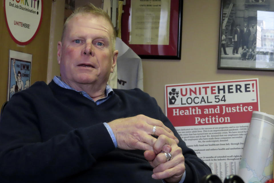 FILE - Bob McDevitt, president of Local 54 of the Unite Here union, speaks in his office in Atlantic City N.J;. on March 14, 2023. McDevitt is stepping down as president of the main Atlantic City casino workers union, Local 54 of Unite Here, after 26 years as one of the most powerful people in Atlantic City. On May 1, 2023, he'll become head of the union's national pension plan. (AP Photo/Wayne Parry, File)