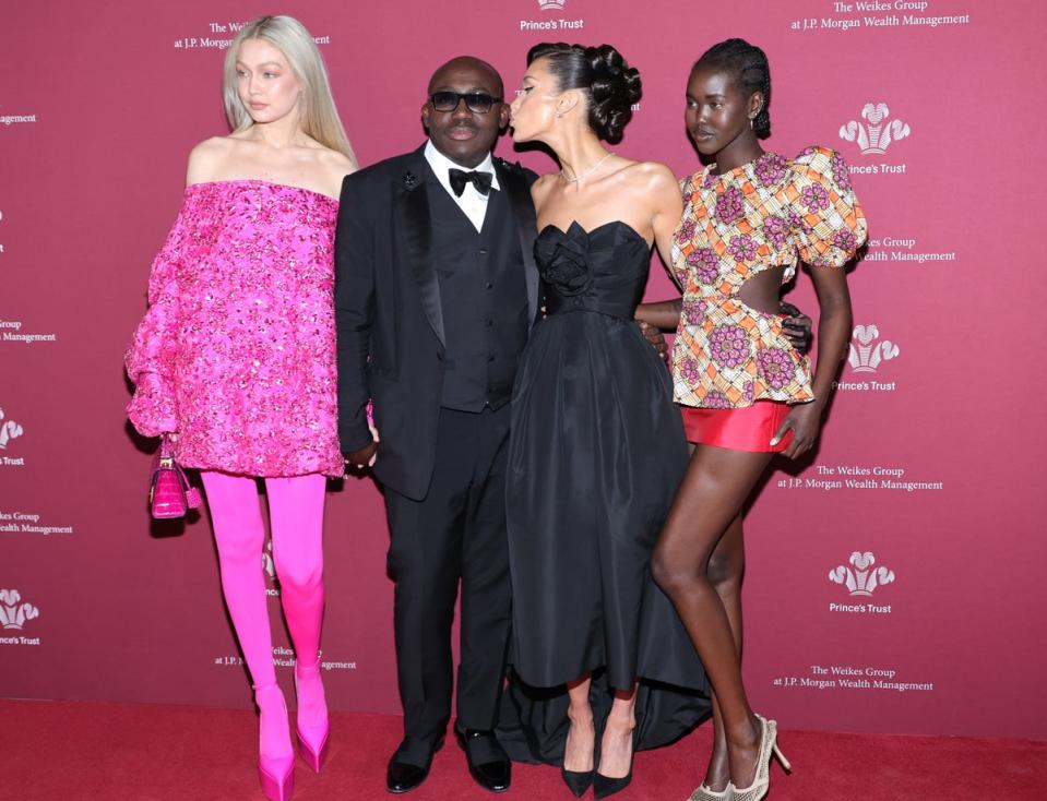 (L-R) Gigi Hadid, Edward Enninful, Bella Hadid and Adut Akech attend the 2022 Prince's Trust Gala at Cipriani 25 Broadway on April 28, 2022 in New York City (Getty Images)