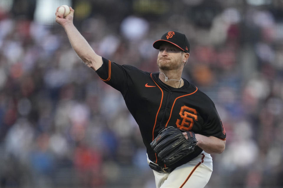 San Francisco Giants pitcher Alex Cobb works against the Baltimore Orioles during the first inning of a baseball game in San Francisco, Saturday, June 3, 2023. (AP Photo/Jeff Chiu)
