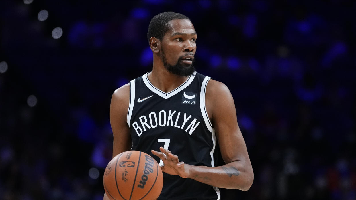 Brooklyn Nets' Kevin Durant plays during a preseason NBA basketball game, Monday, Oct. 11, 2021, in Philadelphia. (AP Photo/Matt Slocum)