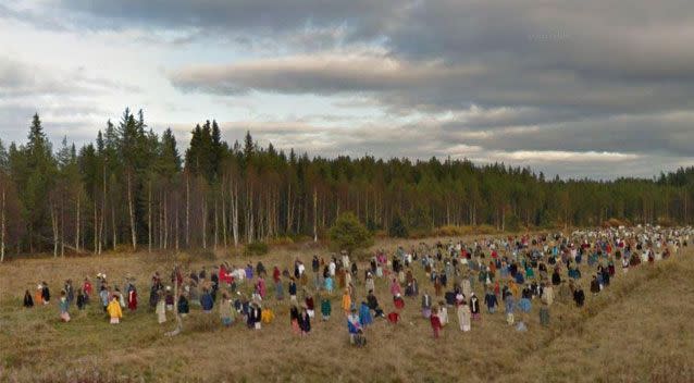 The creepy figures stand motionless in a Finnish field. Source: Google Maps