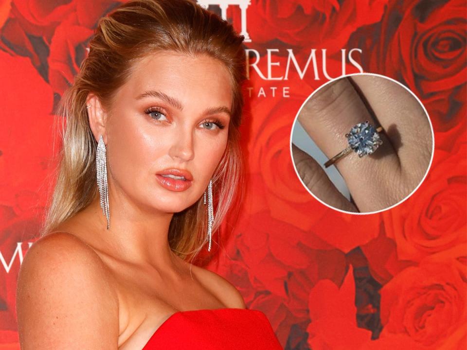 Model Romee Strijd and a close-up shot of her engagement ring.