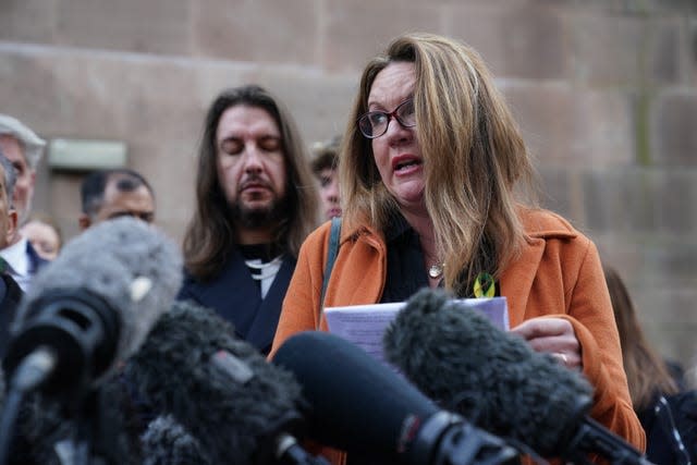 Emma Webber, mother of Barnaby Webber making a statement alongside relatives of the victims, outside Nottingham Crown Court