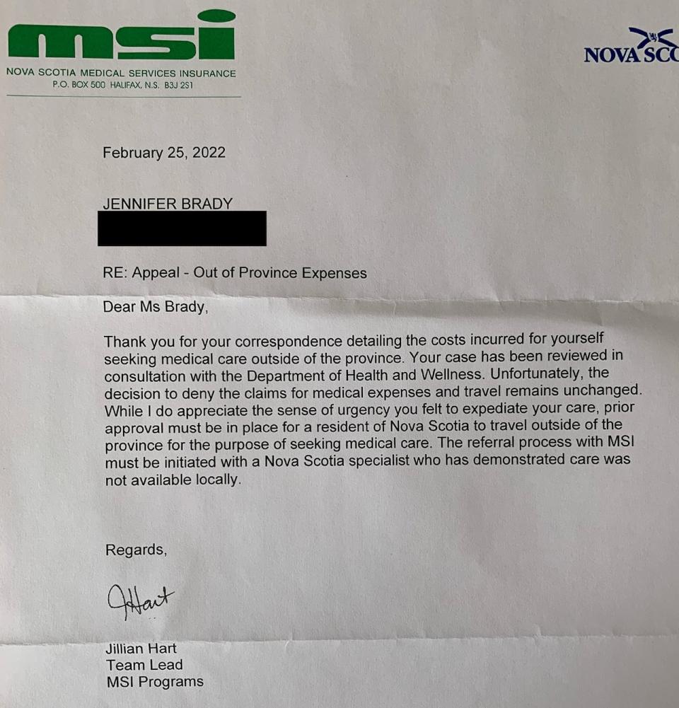 Jennifer Brady's appeal to MSI was rejected in Feb. 2022. She later requested that the Minister of Health intervene but that was also denied. She filed the judicial review in July 2022.