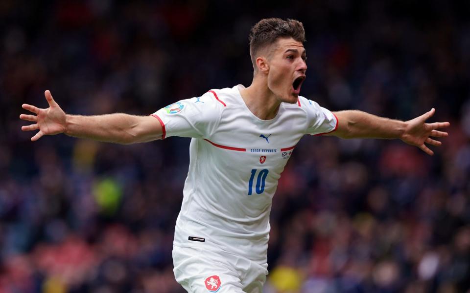 Czech Republic's Patrik Schick celebrates scoring the second goal during the UEFA Euro 2020 Group D match at Hampden Park, Glasgow. Picture date: Monday June 14, 2021. PA Photo. See PA story SOCCER Scotland. Photo credit should read: Andrew Milligan/PA Wire. RESTRICTIONS: Use subject to restrictions - PA/Andrew Milligan 