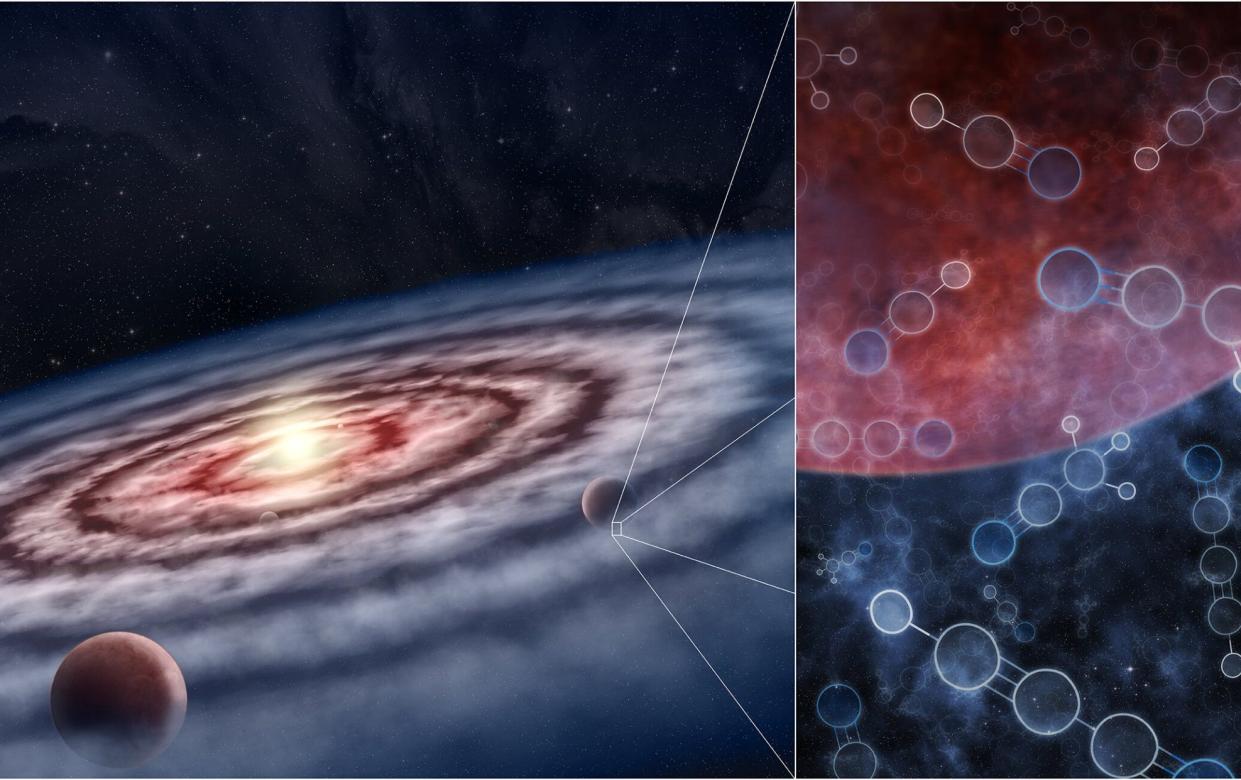 An artist's impression of the gas and dust in the disk surrounding the young star. The inset image, right, shows a mix of both simple and complex molecules in the vicinity of still-forming planets - M.Weiss/Centre for Astrophysics/Harvard & Smithsonian