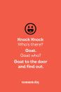 <p><strong>Knock Knock</strong></p><p><em>Who’s there? </em></p><p><strong>Goat.</strong></p><p><em>Goat who? </em></p><p><strong>Goat to the door and find out.</strong></p>