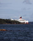 Viking Line's cruise ship M/S Amorella is seen near the Aland islands, seen from Finland, Sunday, Sept. 20, 2020. Finnish authorities say a Baltic Sea passenger ferry with nearly 300 people has run aground in the Aland Islands archipelago between Finland and Sweden without injuries. (Niclas Norlund/Lehtikuva via AP)