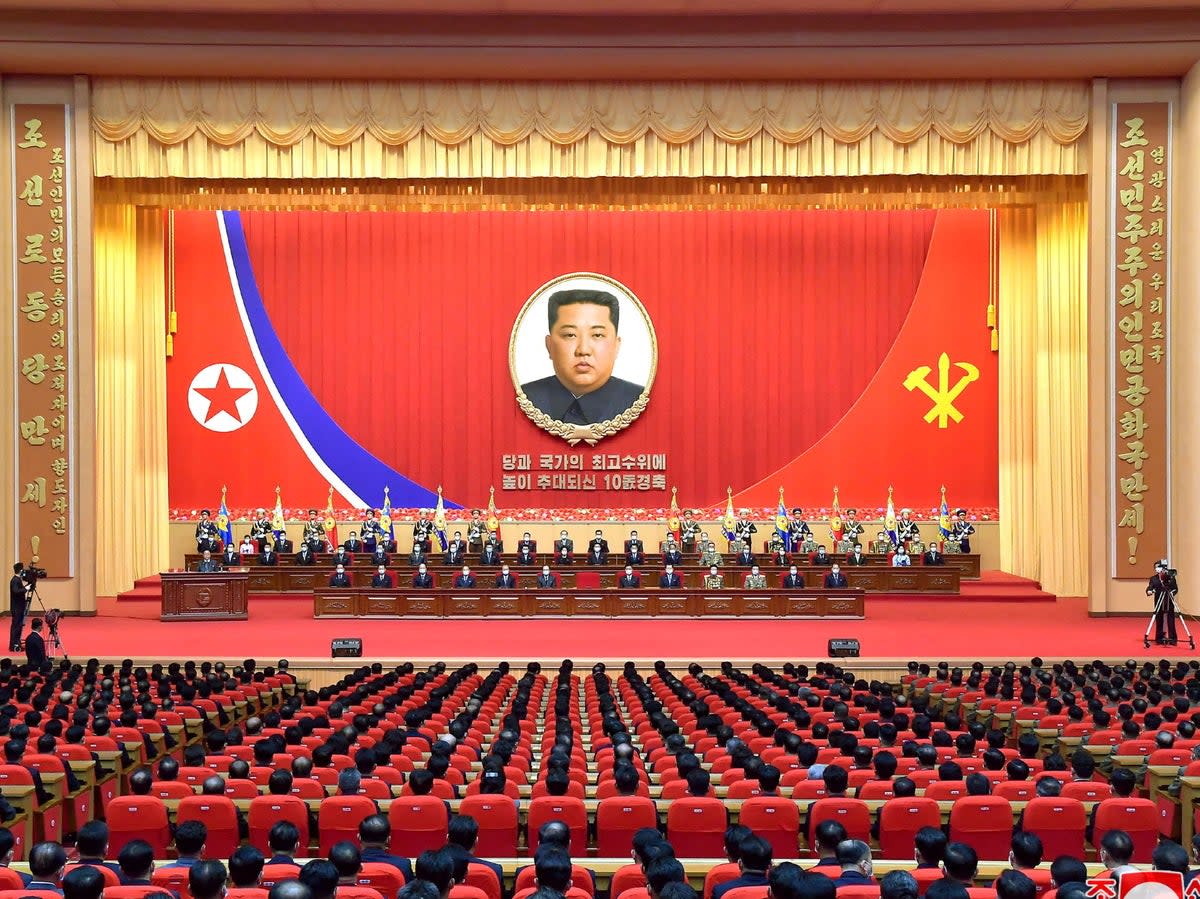 A portrait of North Korea’s leader Kim Jong Un is displayed at a national meeting to commemorate Kim’s 10-year anniversary as head of the country’s ruling Workers’ Party of Korea (WPK) in Pyongyang (via REUTERS)