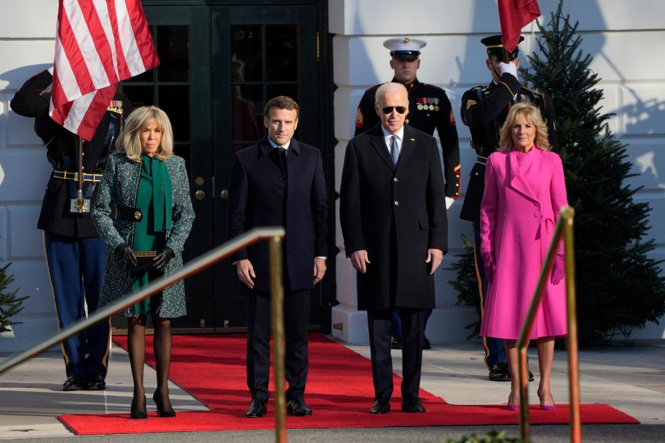 President Joe Biden and First Lady Jill Biden welcome French President Emmanuel Macron and his wife Brigitte Macron to the White House for a state visit.