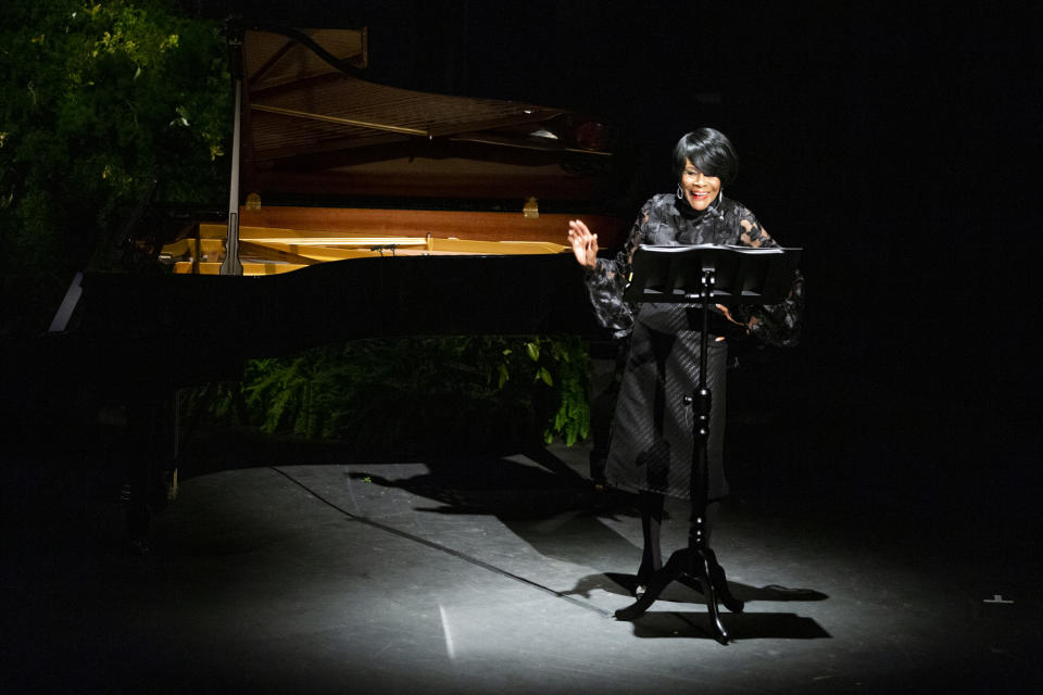 American actress Cicely Tyson speaks to attendees during the memorial of late actress Diahann Carroll at the Helen Hayes Theater on Sunday, Nov. 24, 2019 in New York. (AP Photo/Eduardo Munoz Alvarez)