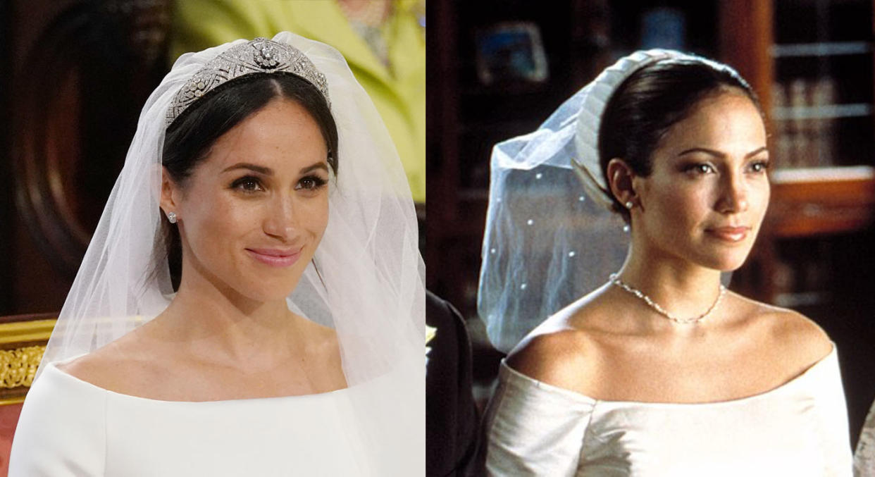 Meghan Markle may have taken some style inspiration from Jennifer Lopez in <em>The Wedding Planner</em>. (Photos: Getty/<em>The Wedding Planner/</em>Columbia Pictures)