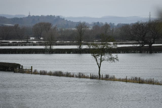 Flooded fields in Mountsorrel, Leicestershire (Jacob King/PA)