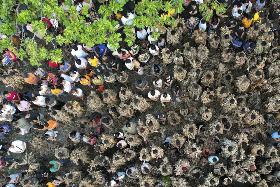 Devout Catholics, dressed in dried banana leaves, gather outside the church of Saint John the Baptist during the mud festival at Bibiclat, Nueva Ecija province, northern Philippines, Monday, June 24, 2024. (AP Photo/Aaron Favila)