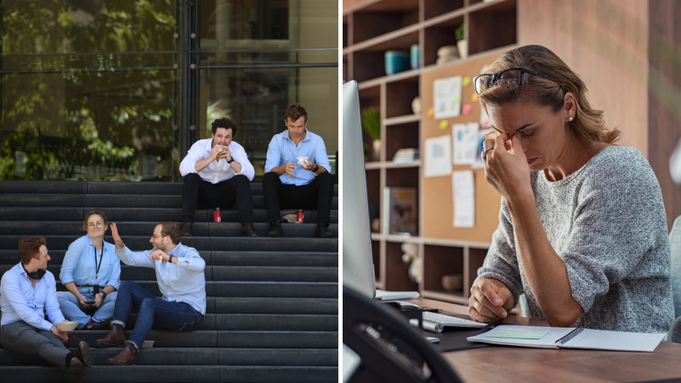 A composite image of office workers and a person working from home looking stressed.