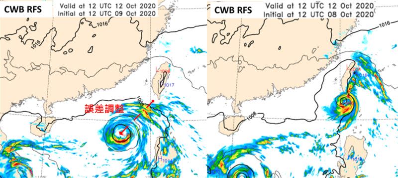 氣象局最新區域模式（RFS），模擬下週一南海2個熱帶擾動發展，其中一個大幅往西南調整（左圖），原模擬在台灣南端（右圖）。