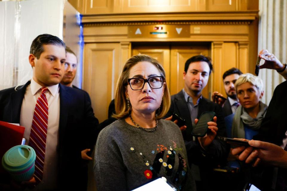 Sen. Kyrsten Sinema (I-AZ) speaks to reporters during a vote in the Senate Chambers of the U.S. Capitol Building on January 25, 2024 in Washington, DC.