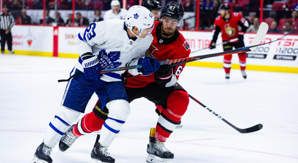 Ben Harpur, right, is excited to be on the other side of the Battle of Ontario. (Photo by Richard A. Whittaker/Icon Sportswire via Getty Images)