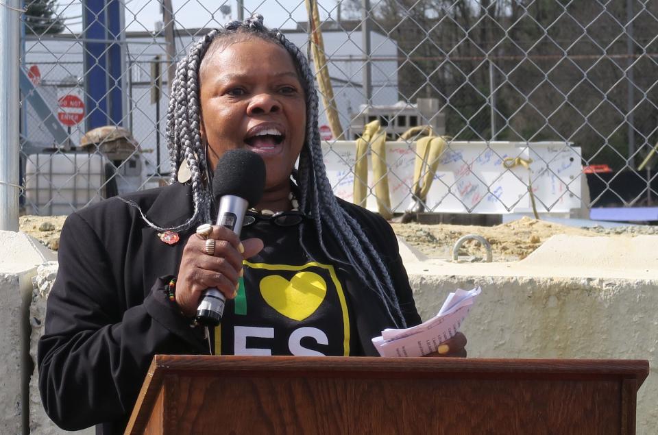 EastSide Charter School 7th & 8th Science teacher Kairlyn Miles-Smith speaks during the topping off ceremony at the school in Wilmington, DE, Monday, April 8, 2024.