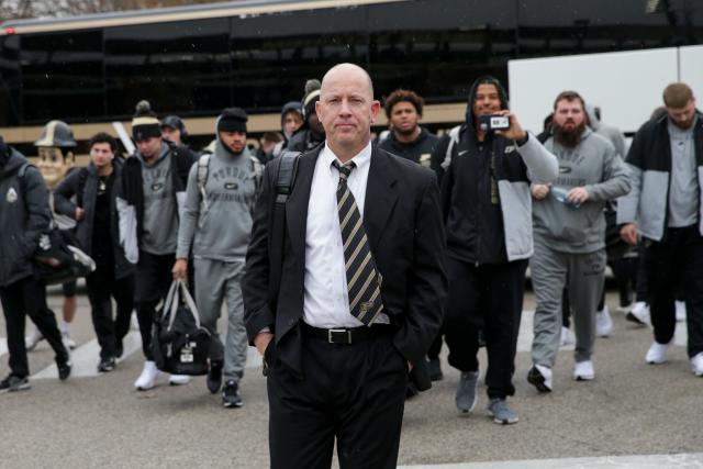 Purdue head coach Jeff Brohm and the team arrive to Ross-Ade Stadium prior to a NCAA football game between the Purdue Boilermakers and Indiana Hoosiers, Saturday, Nov. 27, 2021 in West Lafayette.