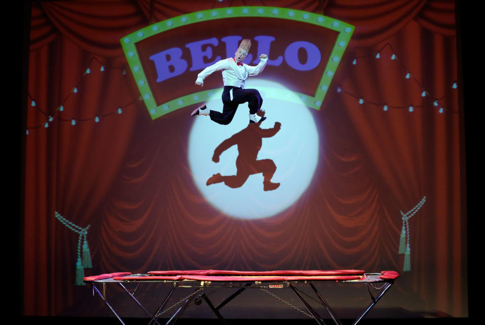 This March 23, 2013 photo shows performer Bello Nock jumping on a trampoline as he performs during his "Bello Mania" show at the New Victory Theater in New York. Nock, a seventh-generation circus performer, is never offstage during the 90-minute performance, which combines slapstick clowning with death-defying aerial stunts. He performs through March 31 at the New Victory before moving on to the Canadian side of Niagara Falls and then a 10-week stint at the Beau Rivage Casino in Biloxi, Miss. (AP Photo/Richard Drew)