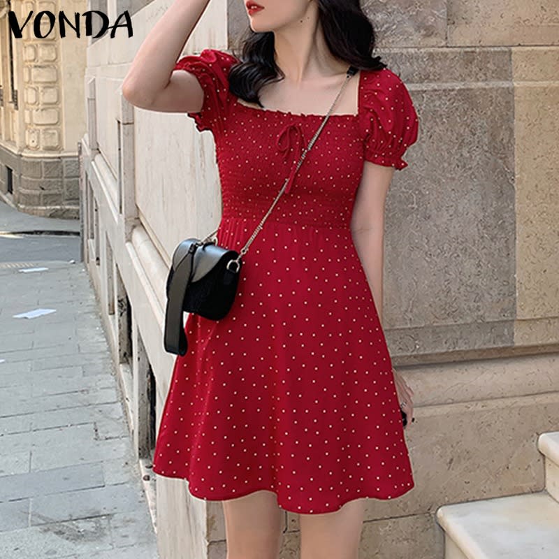 Vonda Women Short Sleeve Square Collar Polka Dot Party A-line Mini Dress. (Photo: Shopee SG)