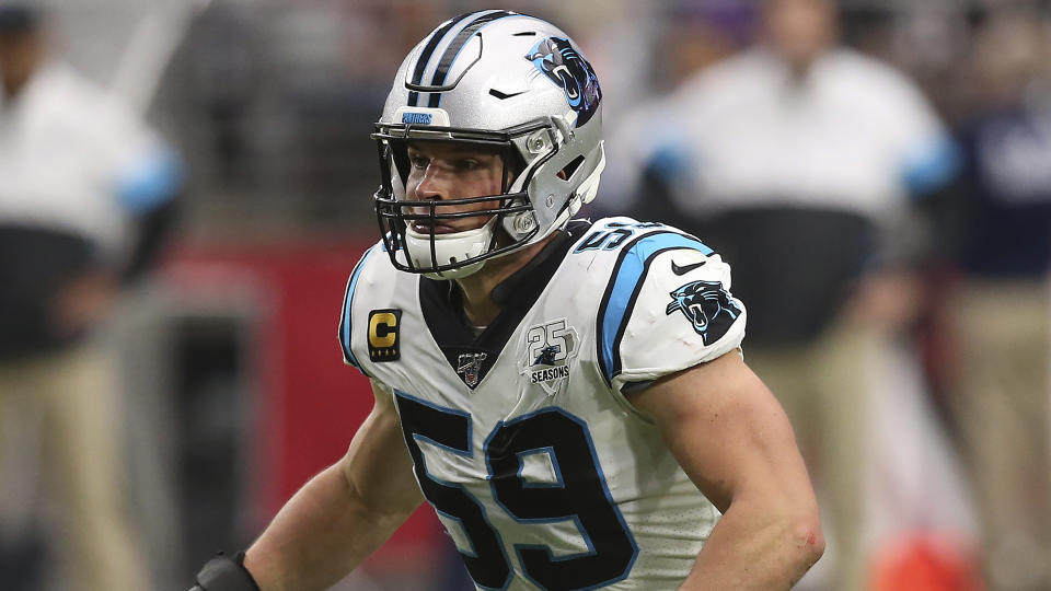 Carolina Panthers middle linebacker Luke Kuechly (59) runs a play against the Arizona Cardinals during the second half of an NFL football game, Sunday, Sept. 22, 2019, in Glendale, Ariz. (AP Photo/Ross D. Franklin)