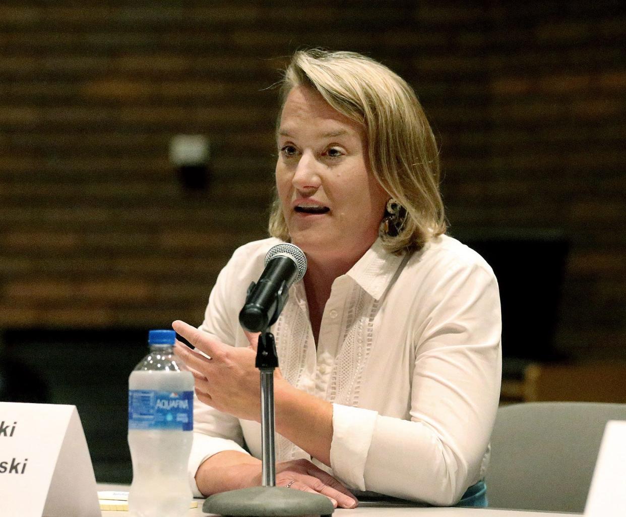 Democratic candidate Nikki Budzinski during a candidate forum at the Lincoln Library on June 7. [Thomas J. Turney/ The State Journal-Register]