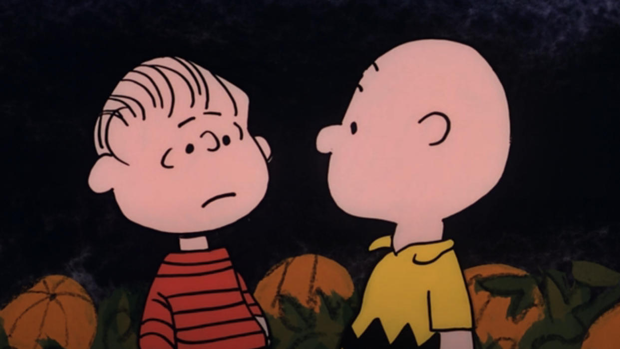  Linus and Charlie talking in the pumpkin patch in It's The Great Pumpkin, Charlie Brown. 