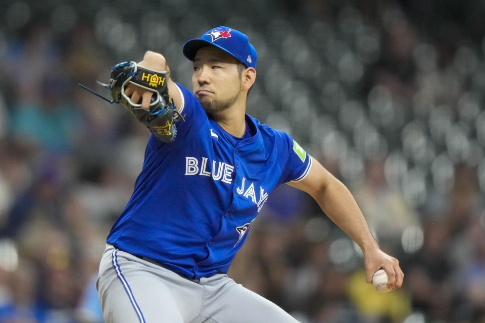 Toronto Blue Jays pitcher Yusei Kikuchi throws during the first inning of a baseball game against the Milwaukee Brewers Tuesday, June 11, 2024, in Milwaukee. (AP Photo/Morry Gash)