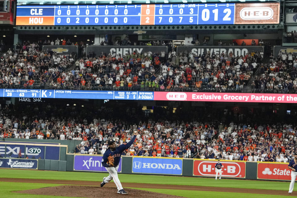 Houston Astros starting pitcher Framber Valdez throws during the ninth inning of a baseball game against the Cleveland Guardians, Tuesday, Aug. 1, 2023, in Houston. Valdez threw the 16th no-hitter in Astros history in a 2-0 victory over Cleveland. (Brett Coomer/Houston Chronicle via AP)