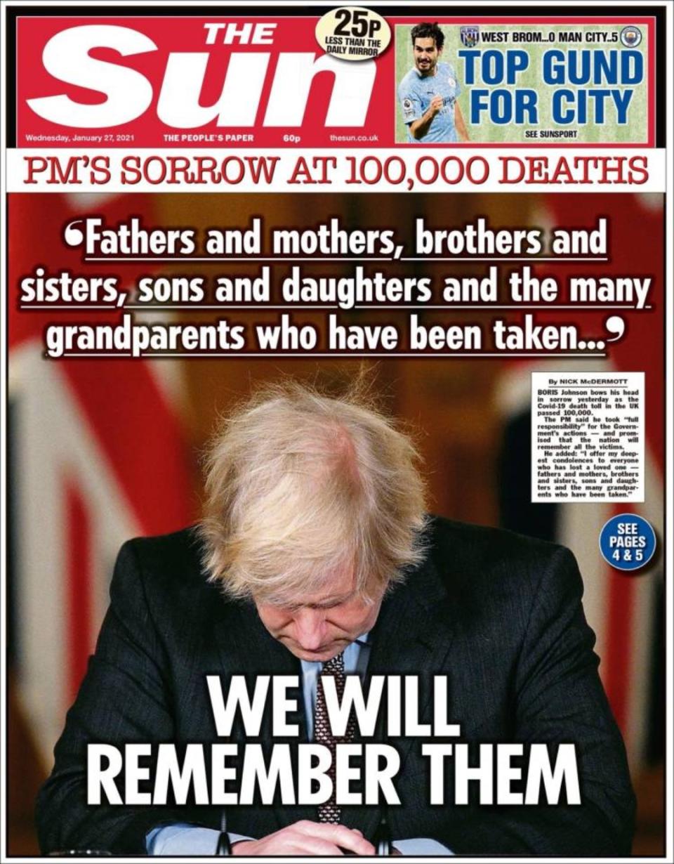 Con otra imagen de Boris Johnson y parte de sus declaraciones tras superarse en Reino Unido la cifra de los 100.000 muertos por Covid-19, ‘The Sun’ titula: “Los recordaremos”. (Foto: <a href="http://www.thesun.co.uk/" rel="nofollow noopener" target="_blank" data-ylk="slk:The Sun;elm:context_link;itc:0;sec:content-canvas" class="link ">The Sun</a>).