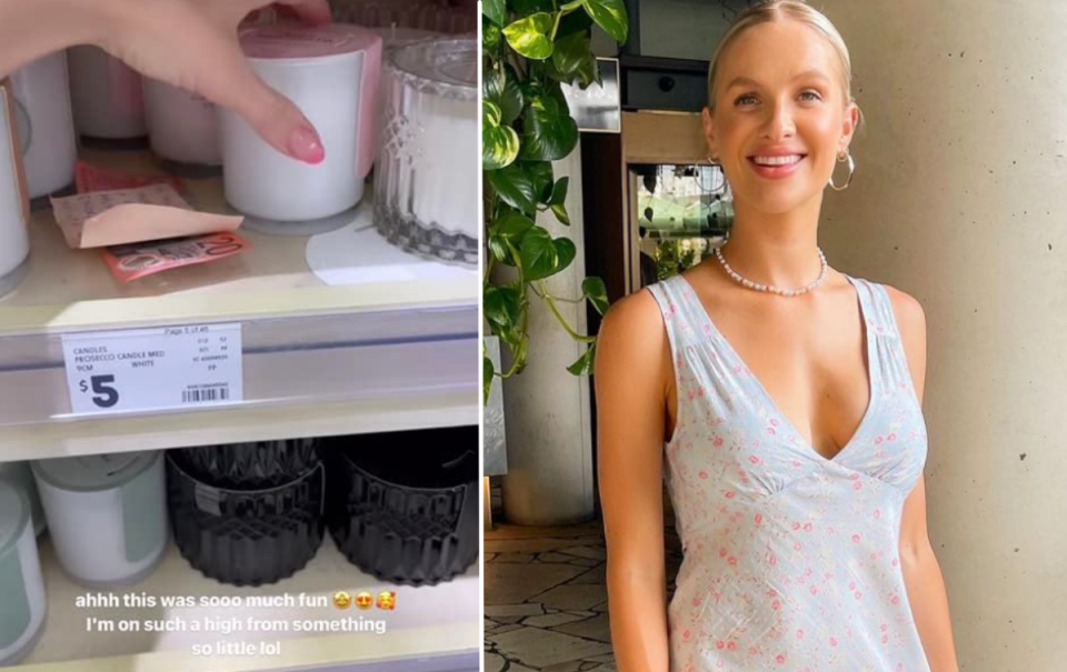 Side-by-side image. Left: Woman's hand leaving gift on Kmart shelf. Right: Blonde woman Isabelle Grace smiling