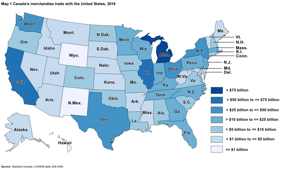 Canada's merchandise trade with the U.S. Graphic from Statistics Canada