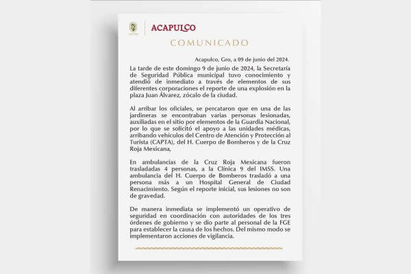 comunicado del gobierno de acapulco por la explosión en el zócalo que dejó nueve heridos