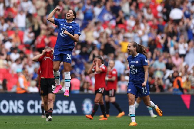 London, UK. 05th Dec, 2021. Sam Kerr of Chelsea Women scores her second  goal of the match to make it 0-3 and celebrates during the 2020/21 Women's  FA Cup Final match between