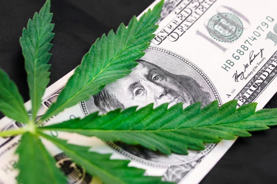 A cannabis leaf on top of a $100 bill.