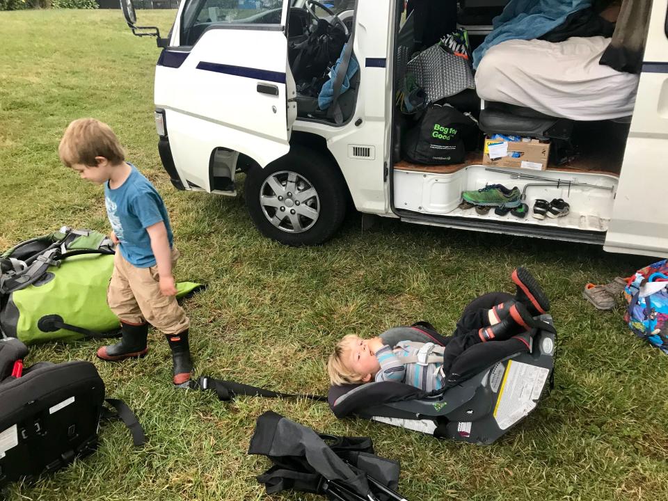 Huxley and Dawson Farrell at a campsite on Tahunanui Beach, New Zealand.