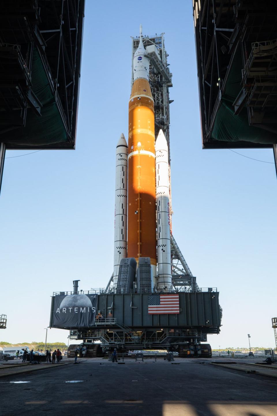 Nasa’s Space Launch System Moon rocket leaves the Vehicle Assembly building on its way to the launchpad at Cape Canaveral, Florida. (NASA/Kim Shiflett)