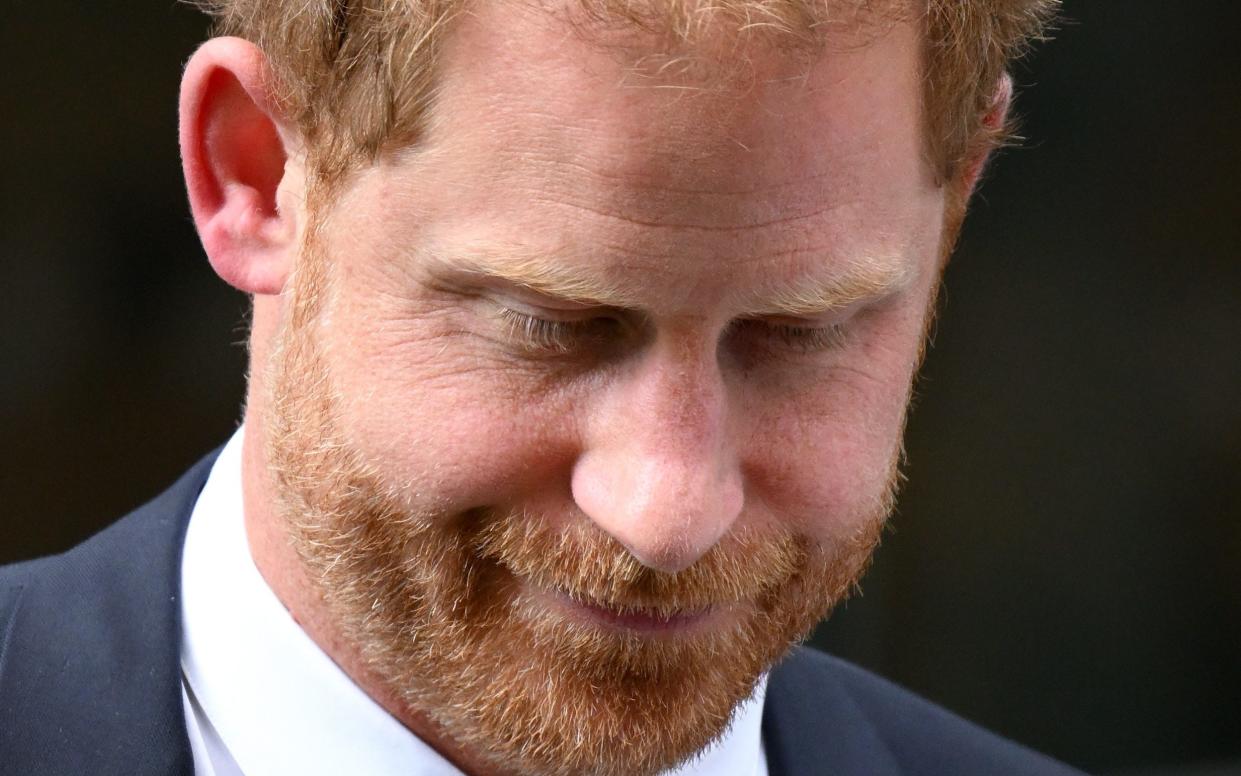 Duke of Sussex looks down as he departs after giving evidence at the Mirror Group Phone hacking trial at the Rolls Building at High Court - Karwai Tang/WireImage