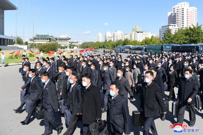 Delegates arrive for the celebrations for the 75th founding anniversary of the WPK at Pyongyang