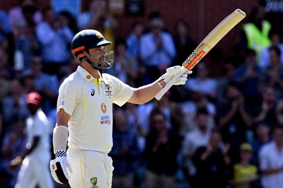 Seen here, Australia batsmen Travis Head celebrates scoring 150 runs on the second day of the second Test against the West Indies in Adelaide. 