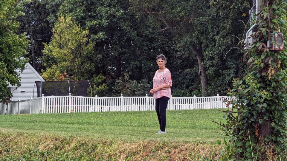 Elaine Nied stands between the cable company meter, on the pole at right, and her property with the fence, on the left, in North Hopewell Township.